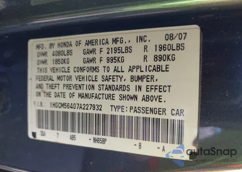 2007 Honda Accord 2.4 Lx z USA, uszkodzony, nr VIN 1HGCM56407A227932